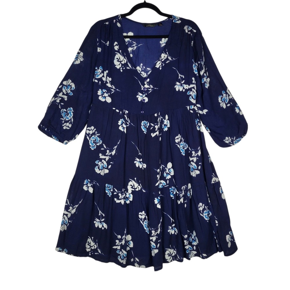 Mlle Gabrielle Dress Women's XL Blue Floral Gauzy Tie Back Tiered V Neck Boho